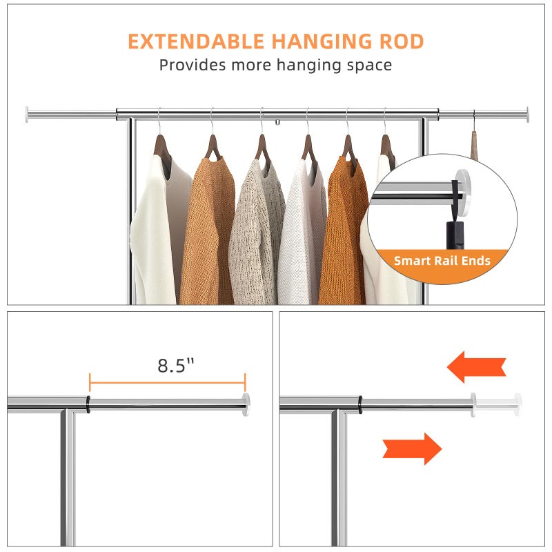 Simple Trending Standard Clothing Garment Rack, Rolling Clothes Organizer with Wheels and Bottom Shelves, Extendable, Chrome - Image 5